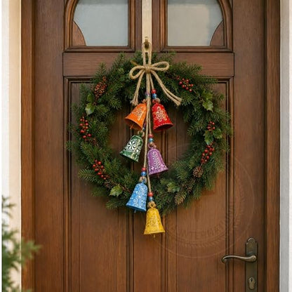 Holiday Christmas Bells Decoration Set with Hanging Ropes - Multicolor, 6 Pieces