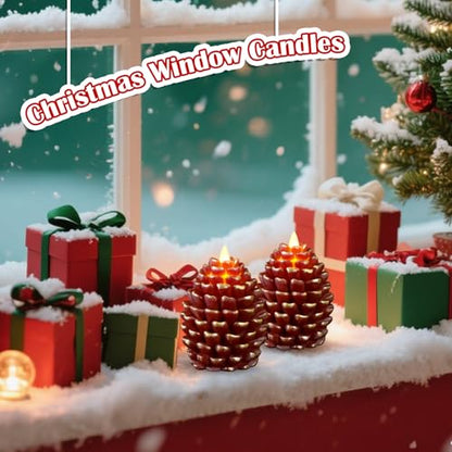 Flameless Christmas Pinecone Candles Set - Red-Brown Thanksgiving Decor