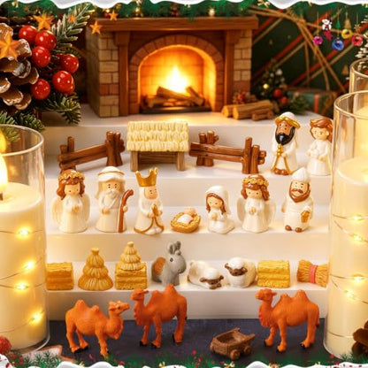 Mini Resin Nativity Scene Figurines Set - 25 Pieces Christmas Decor