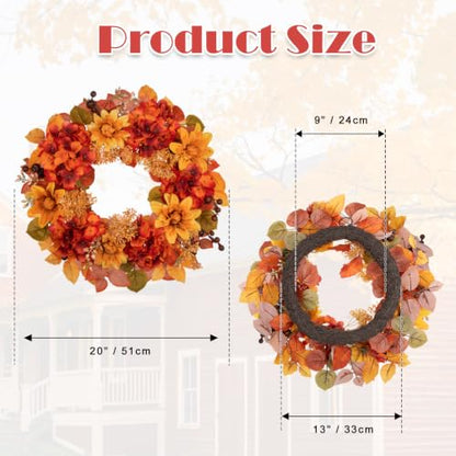 20 Inch Fall Orange Wreath with Red & Orange Accents for Front Door - Autumn Decor