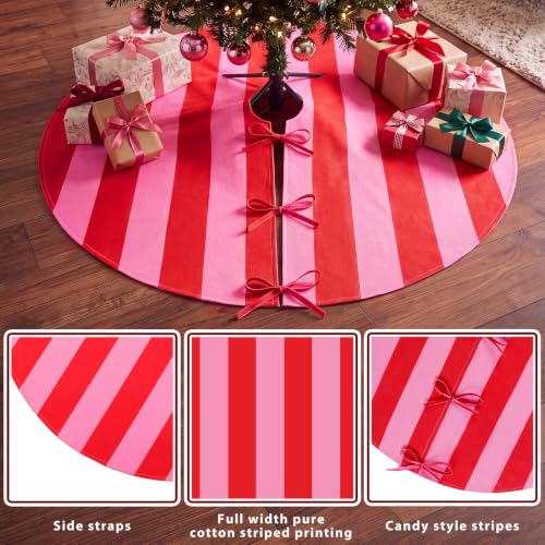 36-Inch Pink and Red Christmas Tree Skirt with Bow Ties - Holiday Decor