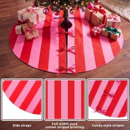 36-Inch Pink and Red Christmas Tree Skirt with Bow Ties - Holiday Decor