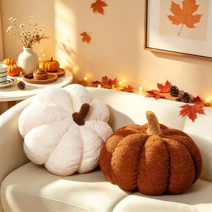 Pumpkin Shaped Throw Pillows Set of 2 - White and Brown Thanksgiving Decor