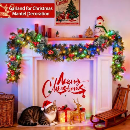 Prelit Christmas Garland with 50 LED Color Lights, Timer, 9Ft x 10In