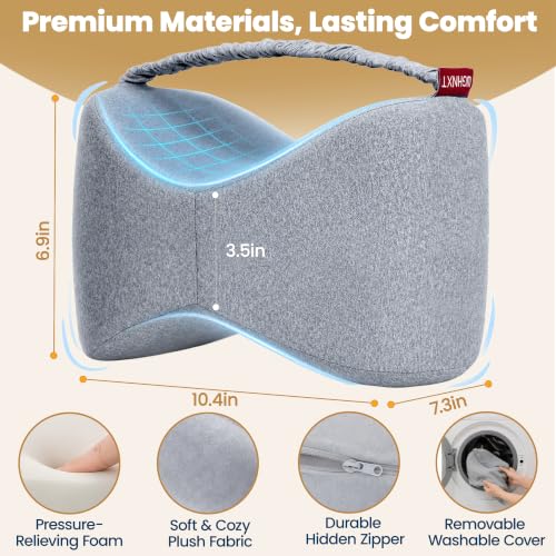Grey Knee Pillow for Side Sleepers with Strap, Memory Foam Support Cushion for Sciatica Back Hip
