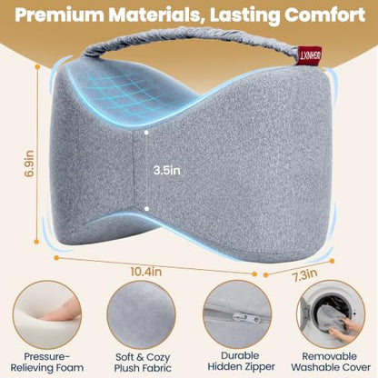Grey Knee Pillow for Side Sleepers with Strap, Memory Foam Support Cushion for Sciatica Back Hip