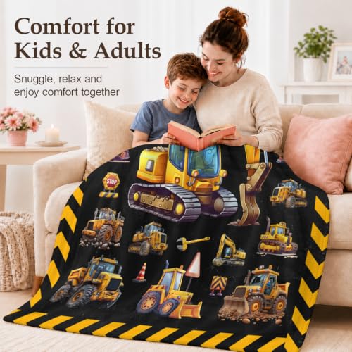 Boys Construction Blanket - 40x50 Fuzzy Flannel Kids Throw - Black