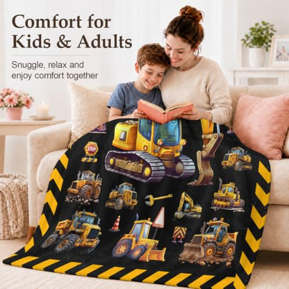 Boys Construction Blanket - 40x50 Fuzzy Flannel Kids Throw - Black