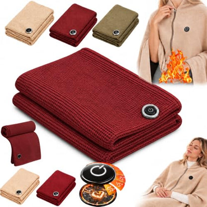 Heated Shawl Wrap for Women Men - USB Rechargeable Portable Blanket, Red, 59.1 x 31.5 in