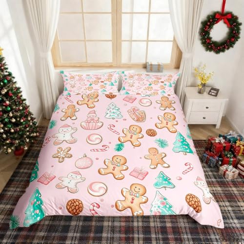 Pink King Size Duvet Cover Set with Gingerbread Man Pattern - No Comforter