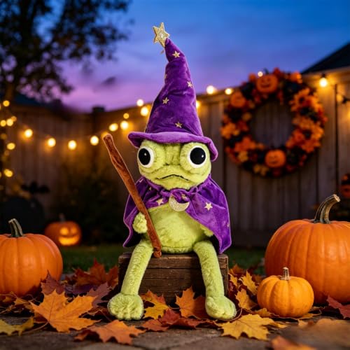 Cute Wizard Frog Plush Doll with Wand - Halloween Decor, Gift Idea