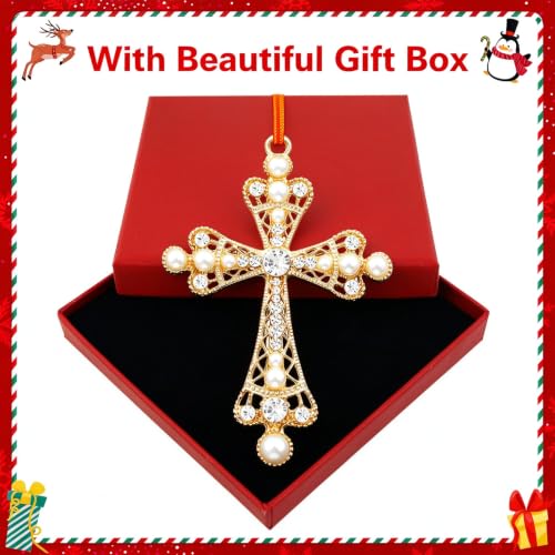 Cross2 Christian Christmas Metal Ornament with Rhinestones - Holiday Keepsake, Red Ribbon Gift Box