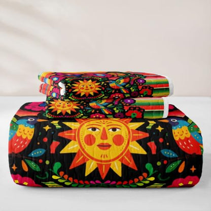 Exotic Retro Floral Quilt Set Queen Size with Red Green Variation - Boho Rainbow Geometric Bedding with 2 Pillowcases