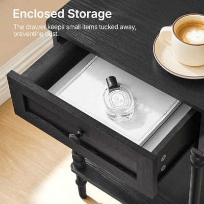 Nightstand with Drawer – Wooden Leg Bedside Table with Lower Shelf
