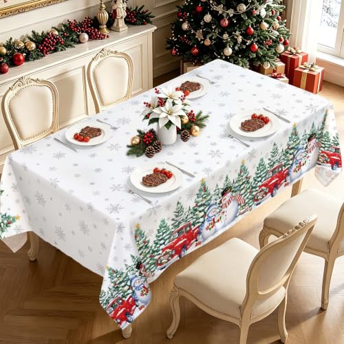 Christmas Tree Truck Wreath Tablecloth 60x84 Inch Rectangular White - Hometrxx