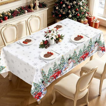 Christmas Tree Truck Wreath Tablecloth 60x84 Inch Rectangular White - Hometrxx