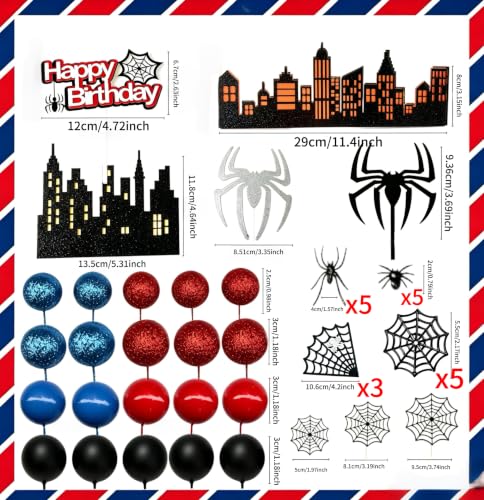 46Pcs Spider Cake Toppers Set - Black Red Silver Yellow City Theme Decorations