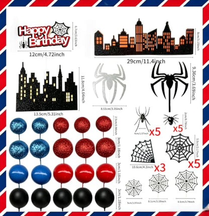 46Pcs Spider Cake Toppers Set - Black Red Silver Yellow City Theme Decorations