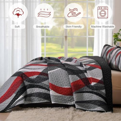 California King Quilt Set Red & Grey Stripe Bedding with Pillowshams - Anibedding Classic Line