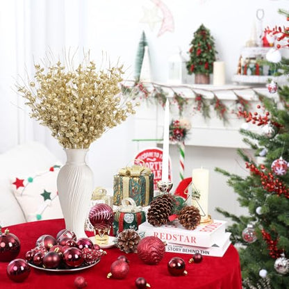 Gold Christmas Glitter Twig Ornaments Set - 24 Pack Holiday Tree Decorations - Variation: Gold-a