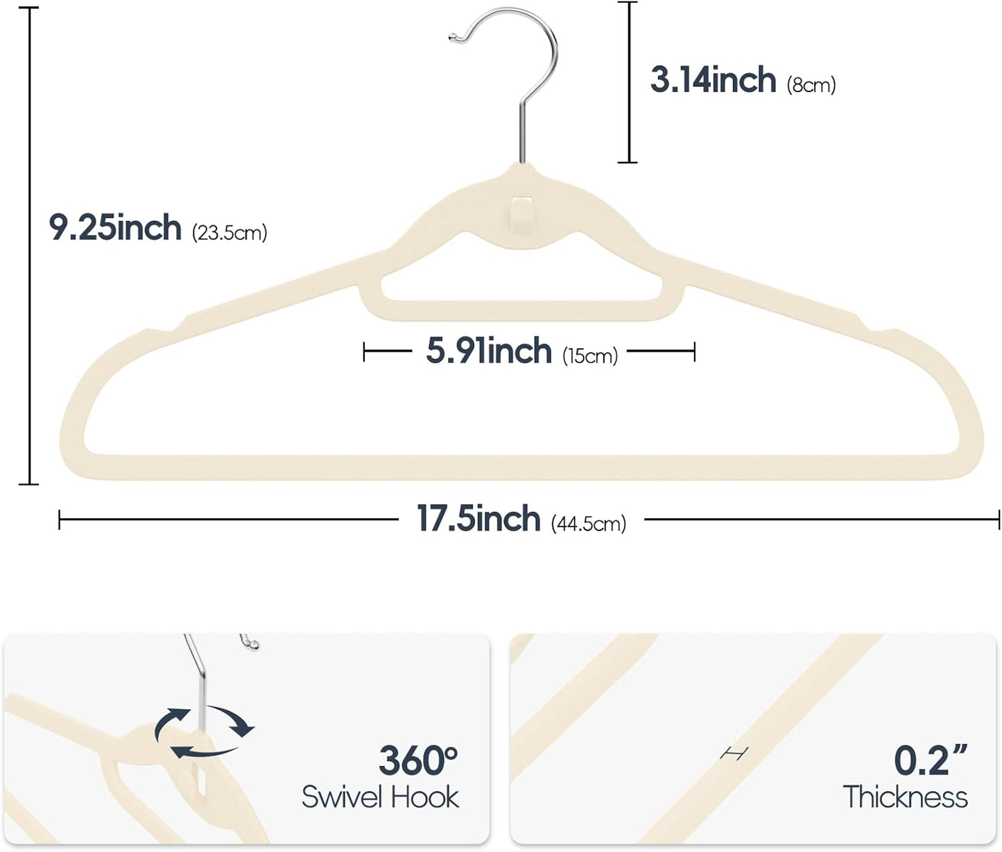 Velvet Hangers 50 Pack - Non-Slip Stackable Clothes Hangers with 360° Swivel Hooks | Ivory Felt Design