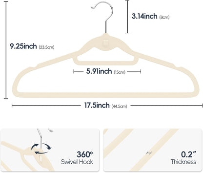 Velvet Hangers 50 Pack - Non-Slip Stackable Clothes Hangers with 360° Swivel Hooks | Ivory Felt Design