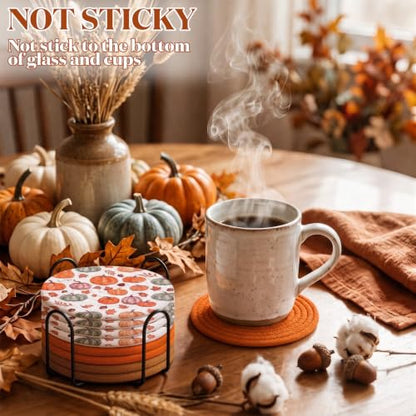 Fall Pumpkin Coaster Set with Metal Holder - 8 Woven Cotton Drink Coasters, Autumn Decor