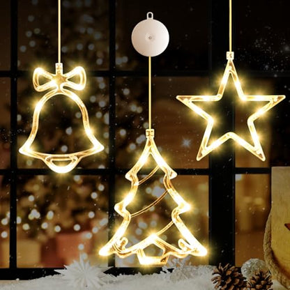 Warm White Christmas Window Lights Decorations Bell Tree Star Set - 3 Pack
