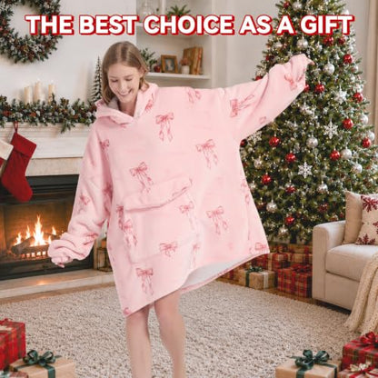 Pink Bow Wearable Blanket Hoodie for Women and Men - Oversized Cozy Hoodie with Pockets