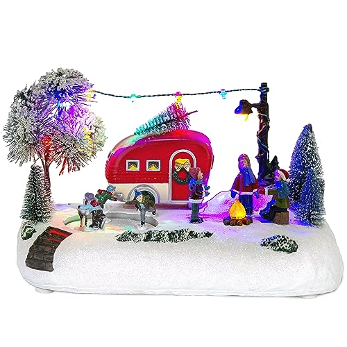 Animated Christmas Camper Village Scene with Skating & Lights - Multicolor