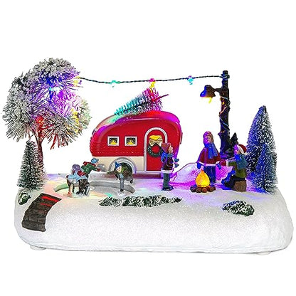 Animated Christmas Camper Village Scene with Skating & Lights - Multicolor
