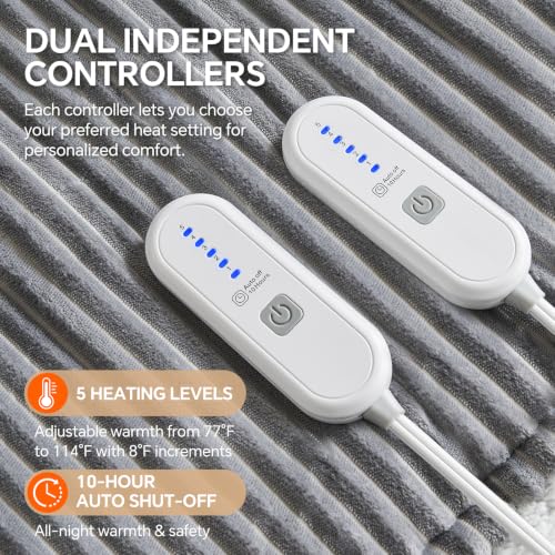 Queen Size Dual Control Electric Heated Blanket - 84x90 Grey - Separate Heat Zones