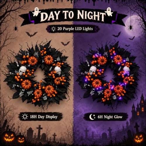 20-Inch Halloween Wreath with Purple LED Lights for Front Door - Spooky Outdoor Decor