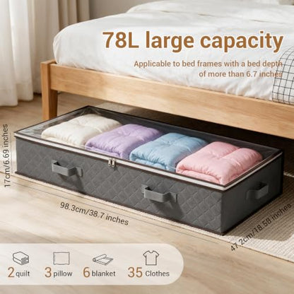 Grey Underbed Storage Bags 4-Pack Large 78L with Zipper & Handles