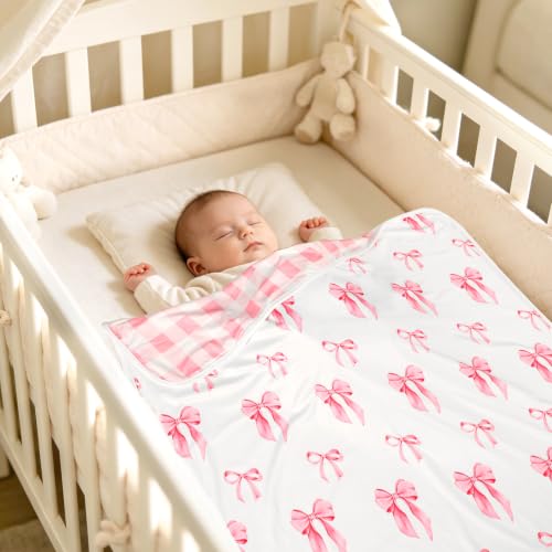 Baby Girl Swaddle Blanket Set with Headband and Beanie - Pink Bows, 30x30 Inches, Soft & Stretchy Newborn Receiving Set