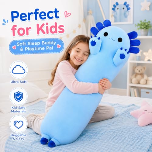 Long Axolotl Plush Pillow 43.3 Inch - Soft Blue Stuffed Animal for Kids & Gift