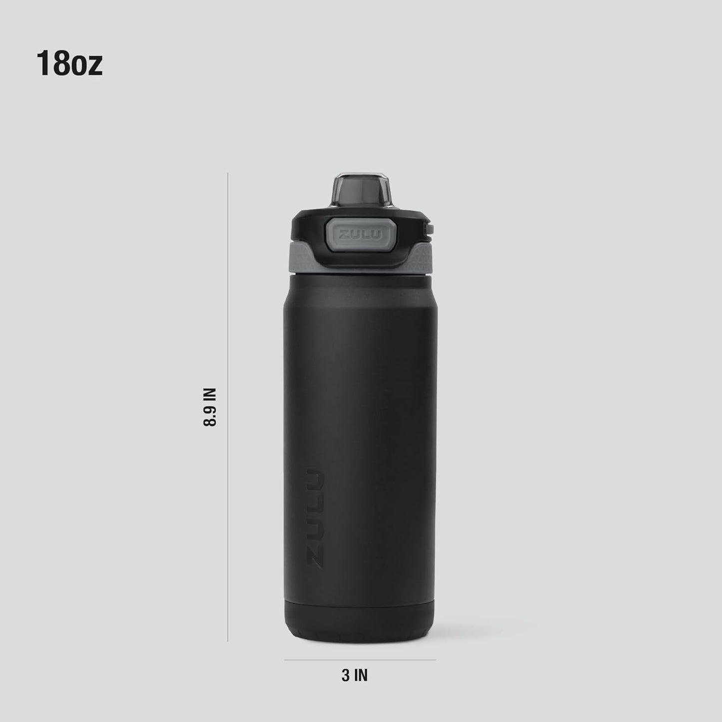 ZULU Powerfill Pro 18oz Kids Stainless Steel Water Bottle - Quick Fill Lid, Triple Wall Insulated, Leak Proof | Tonal Black
