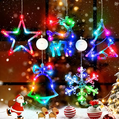 Christmas Window Lights Decorations Multi-Color Battery Operated Bell Snowflake Reindeer Star Set with Suction Cups