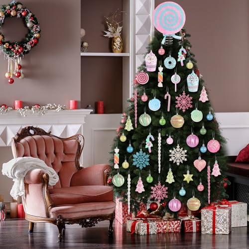 Pastel Christmas Tree Ornaments Set with Candyland Decorations - 82 Pieces