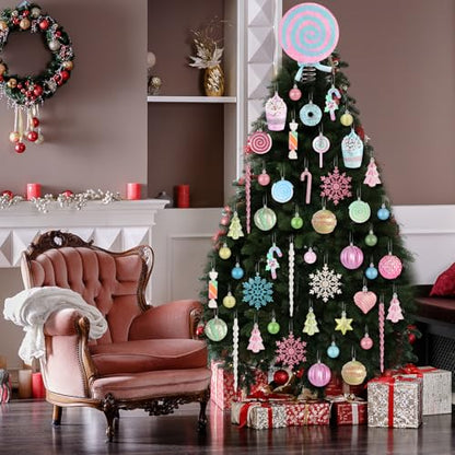 Pastel Christmas Tree Ornaments Set with Candyland Decorations - 82 Pieces