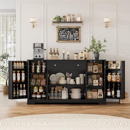 54-Inch Black Kitchen Buffet Cabinet with Storage Drawers & Shelves
