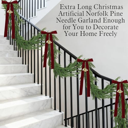 29.5 ft Artificial Norfolk Pine Garland Christmas Decor with Ribbons & Bells