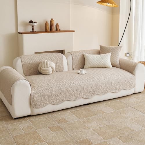 Cotton Quilted Couch Cover for Sofa - Khaki, 35.4 x 47.2 Inches, Rectangular - Farmhouse Style, Non-Slip