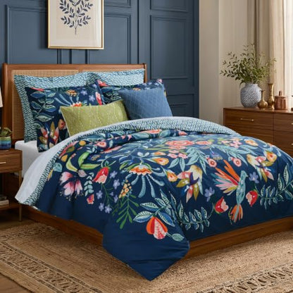 Navy Duvet Cover Set - King Botanical Floral Bird Design, Reversible Cotton