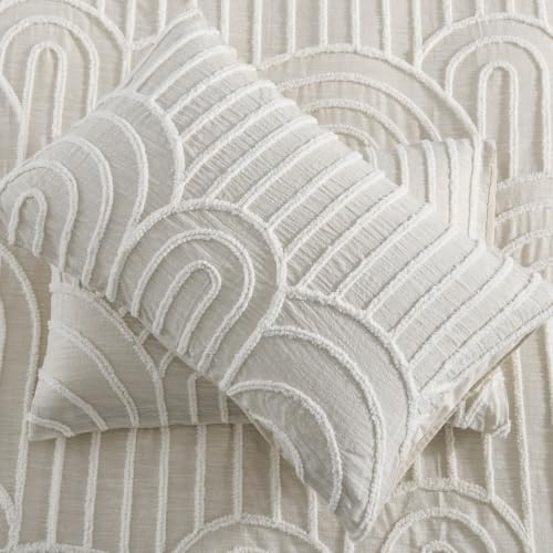 Beige Queen Cotton Linen Texture Boho Duvet Cover Set with Embroidery