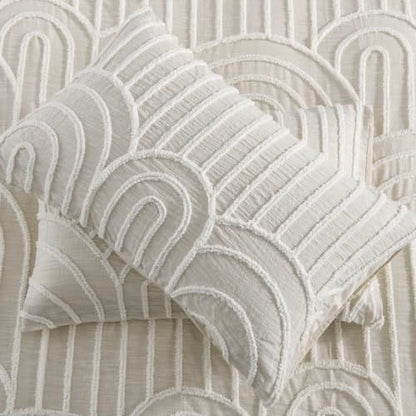 Beige Queen Cotton Linen Texture Boho Duvet Cover Set with Embroidery