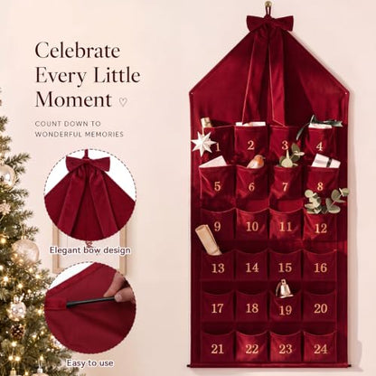 Christmas Velvet Advent Calendar with 24 Pockets - Burgundy Family Countdown