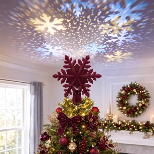 Burken Red Velvet Christmas Tree Topper with LED Snowflake Projector - Elegant Holiday Decor