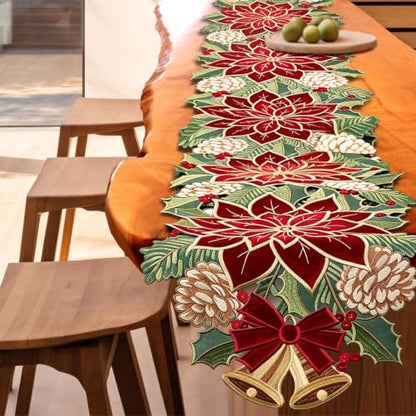 Christmas Tree Table Runner 14x36 Inch Red Green Winter Linen Decor - Red Floral Variation