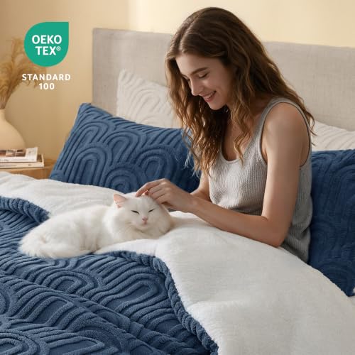 Arch Navy Sherpa Comforter Set Queen - Warm & Fluffy Bed Bedding